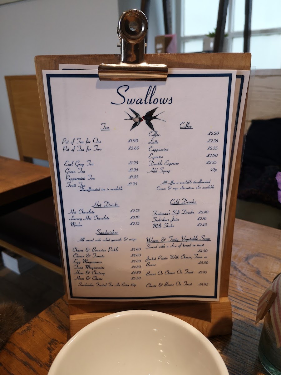 Swallows Coffee Shop menu board