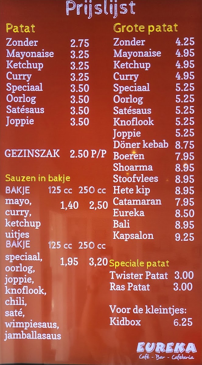 Café-Bar-Cafetaria Eureka menu board