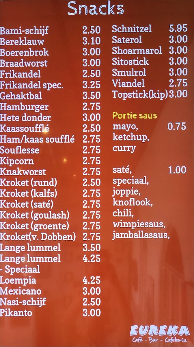 Café-Bar-Cafetaria Eureka menu board