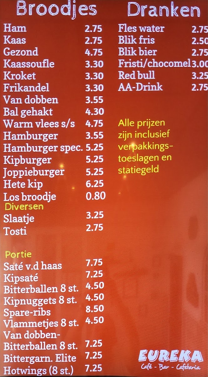 Café-Bar-Cafetaria Eureka menu board