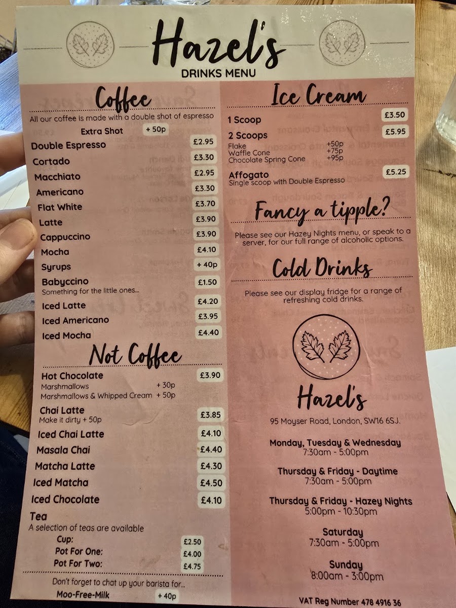 Hazel's Cafe menu board