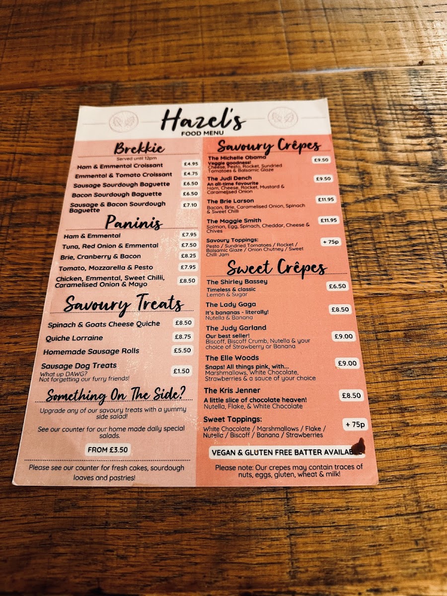 Hazel's Cafe menu board