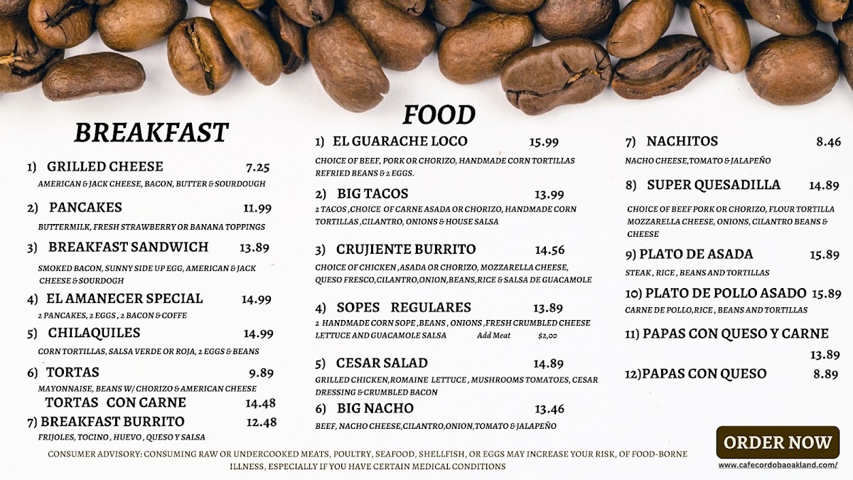 Cafe Cordoba menu board