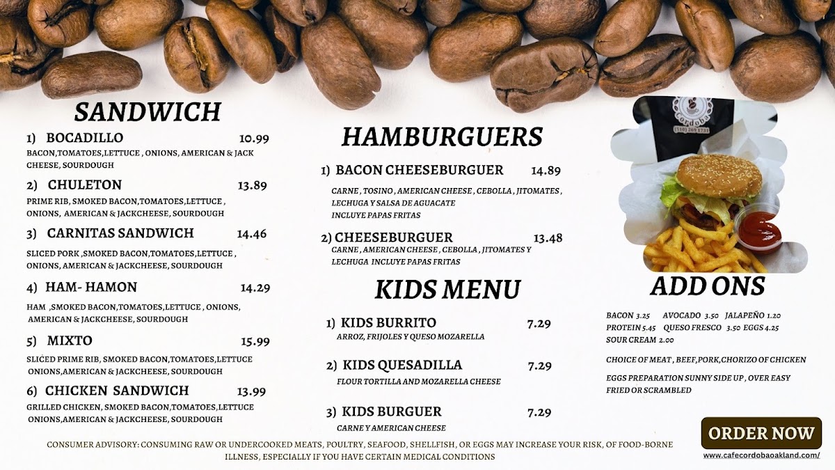 Cafe Cordoba menu board