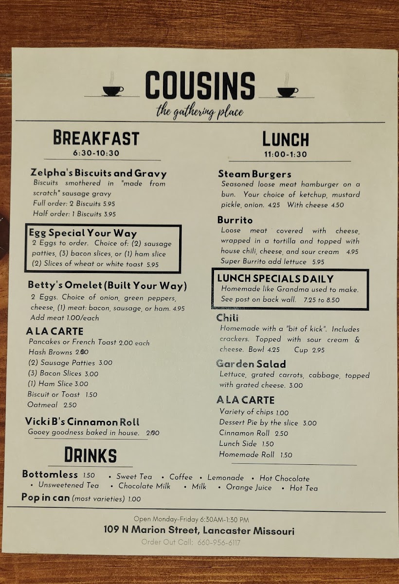 Cousins Cafe and Coffee menu board