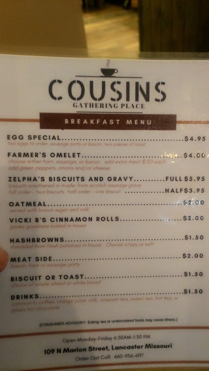 Cousins Cafe and Coffee menu board