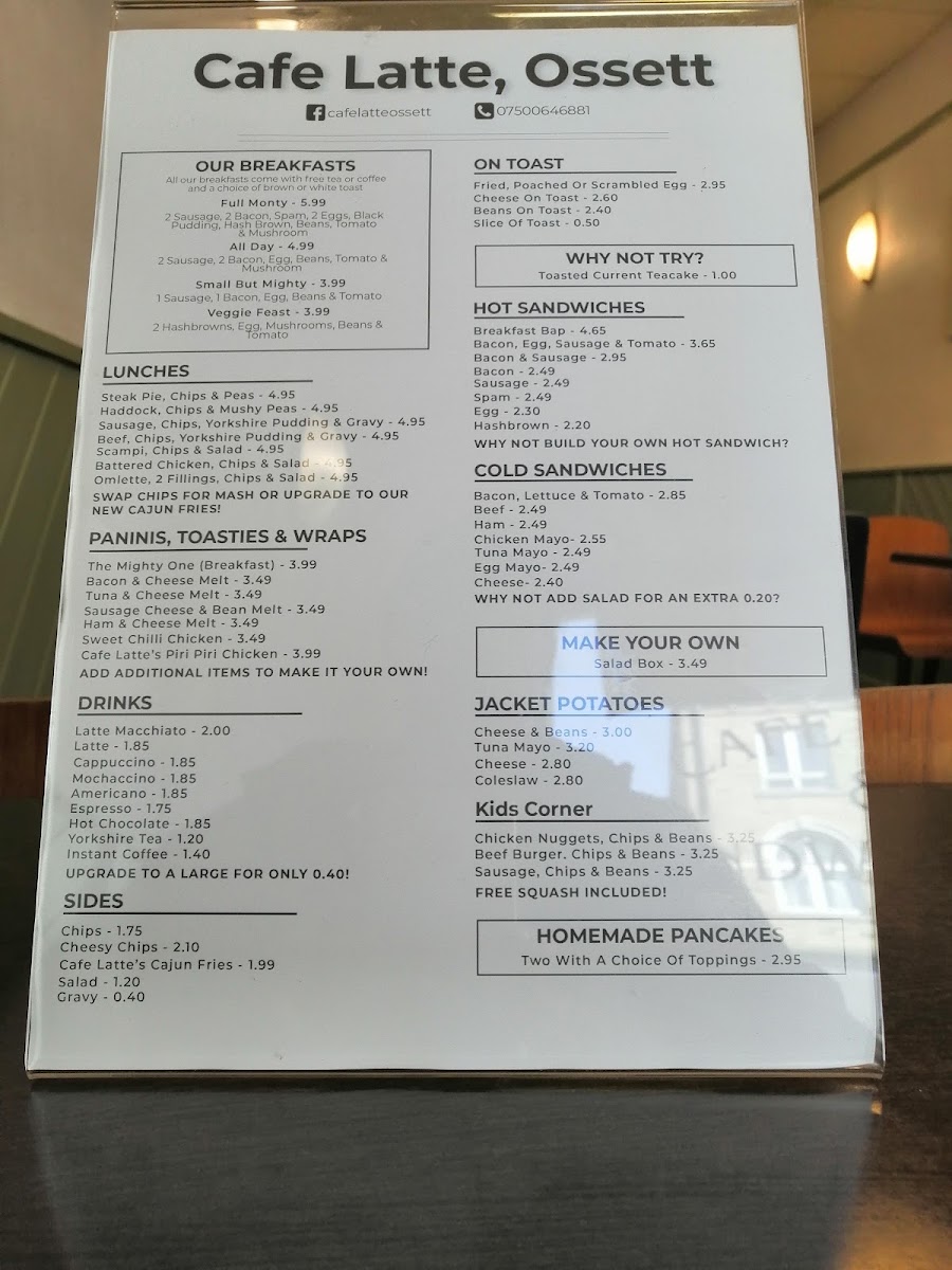 Cafe Latte & Sandwich Bar menu board