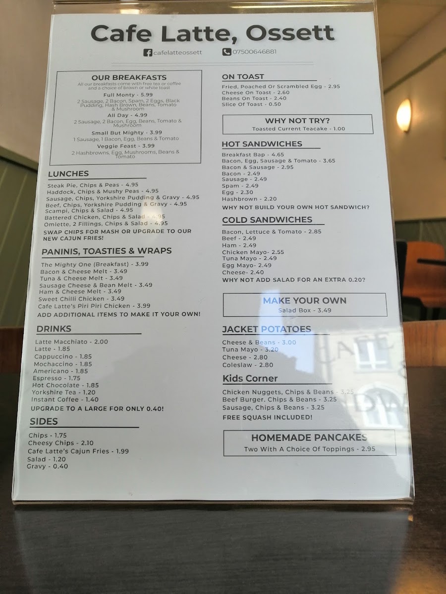 Cafe Latte & Sandwich Bar menu board