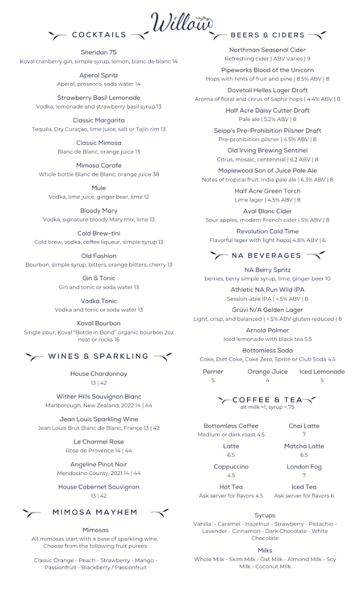Willow Café and Bistro menu board