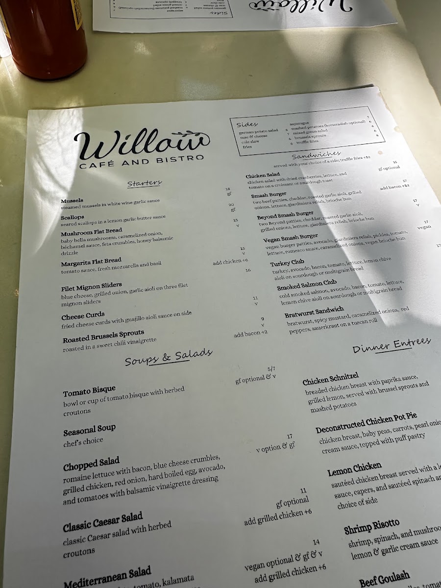 Willow Café and Bistro menu board