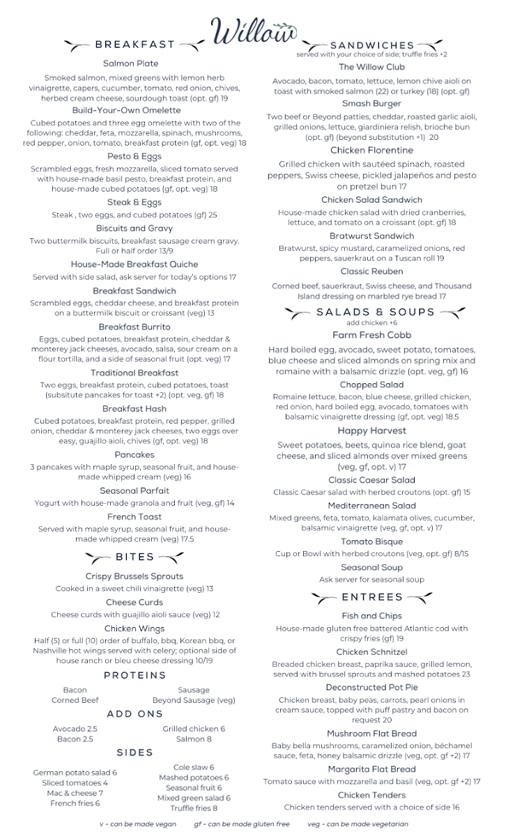 Willow Café and Bistro menu board