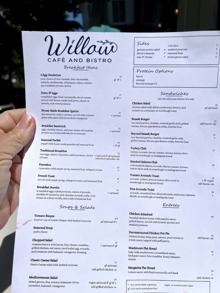 Willow Café and Bistro menu board