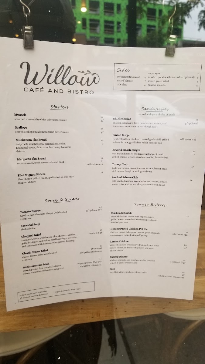 Willow Café and Bistro menu board