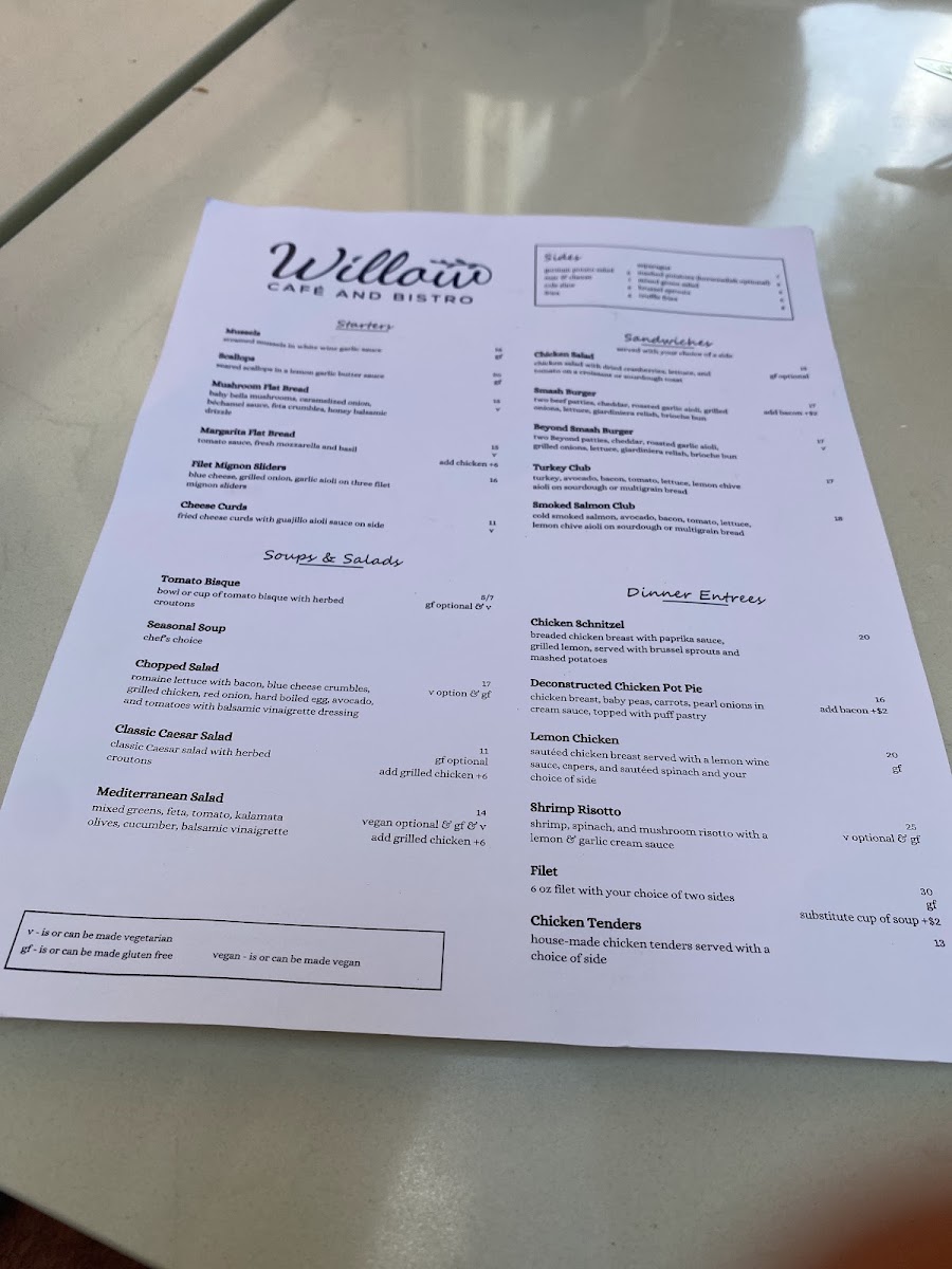 Willow Café and Bistro menu board