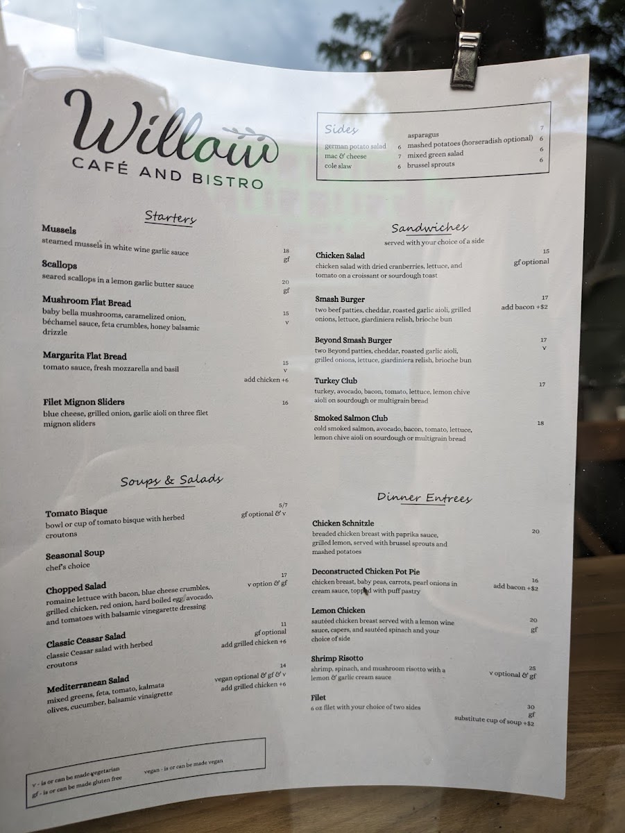 Willow Café and Bistro menu board