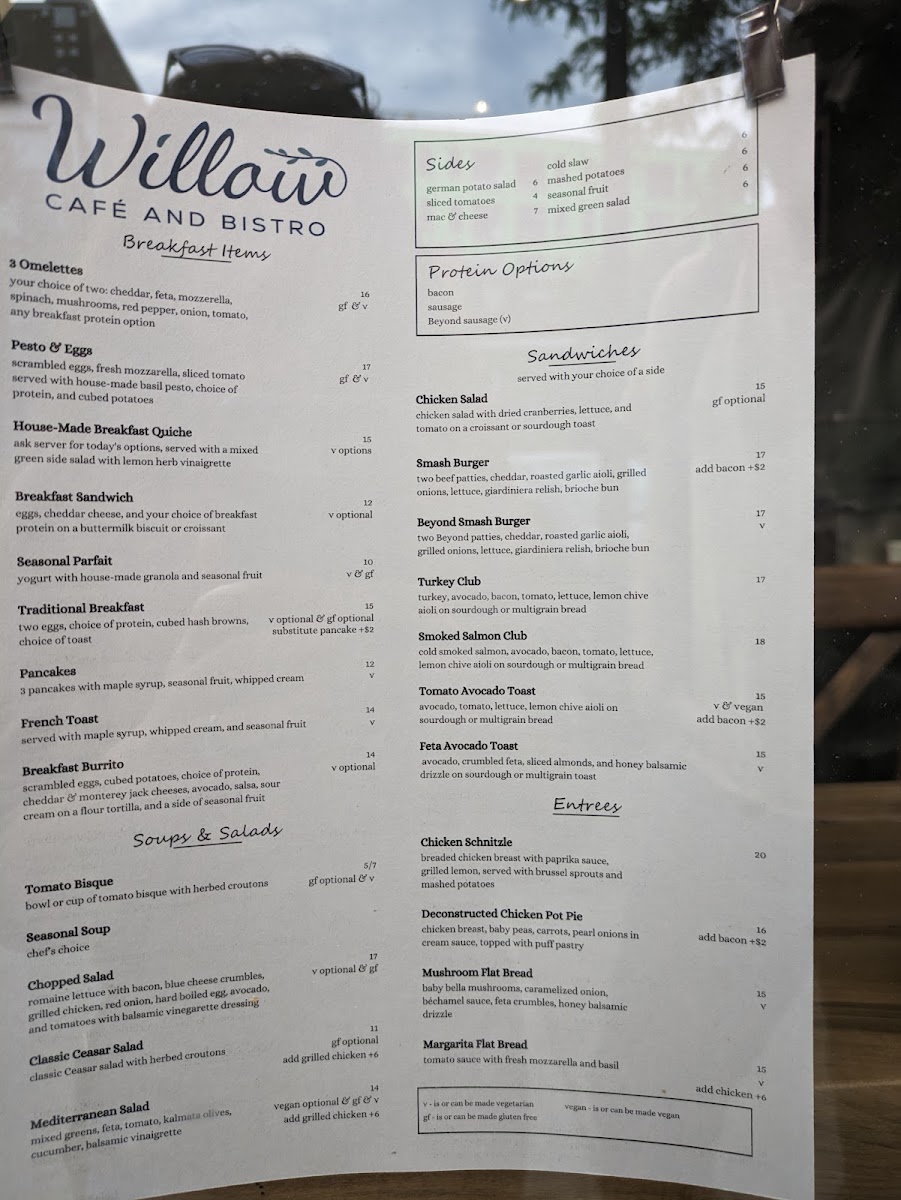 Willow Café and Bistro menu board