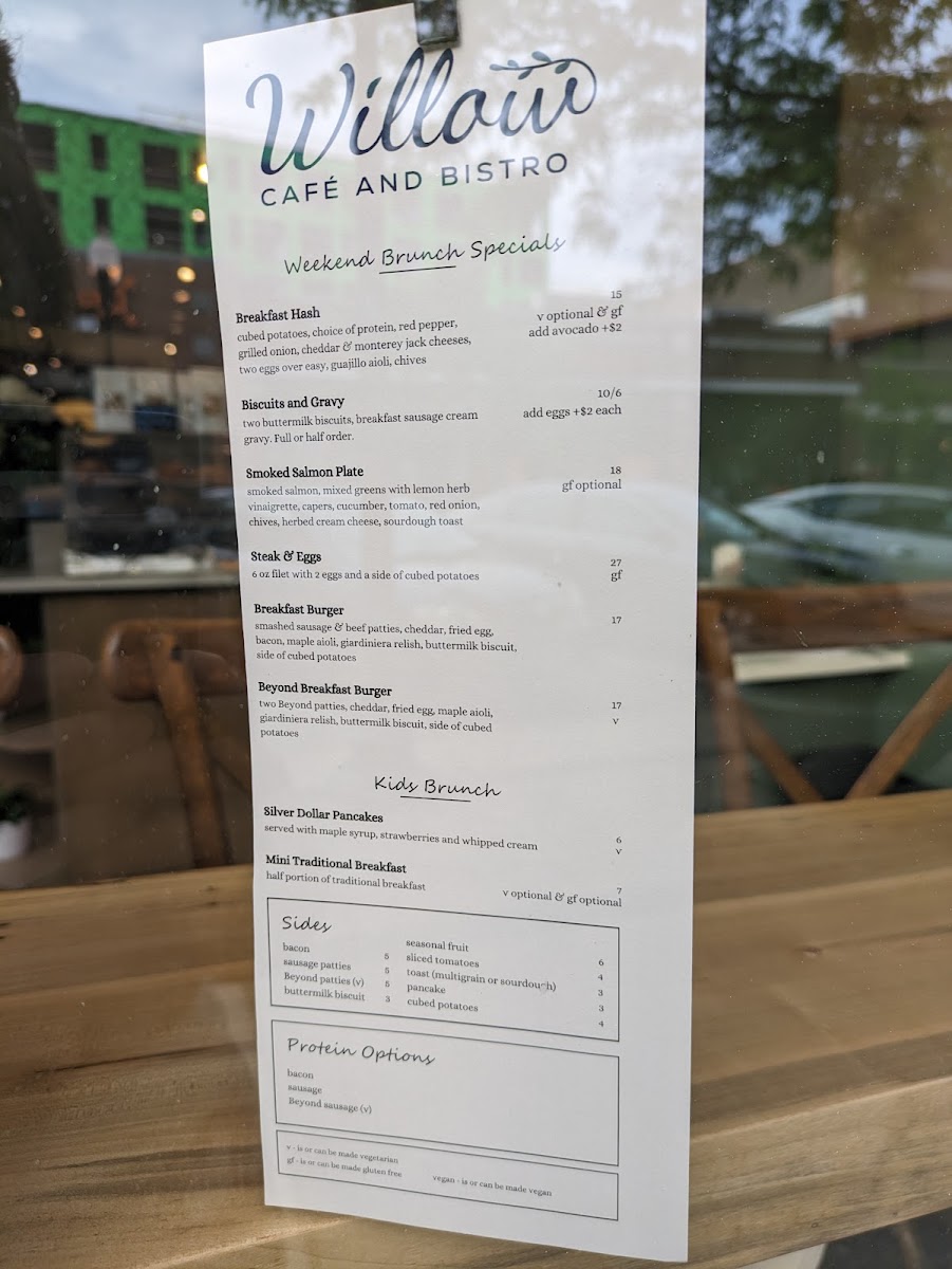 Willow Café and Bistro menu board