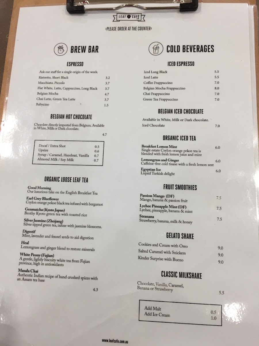 Leaf Cafe & Co menu board