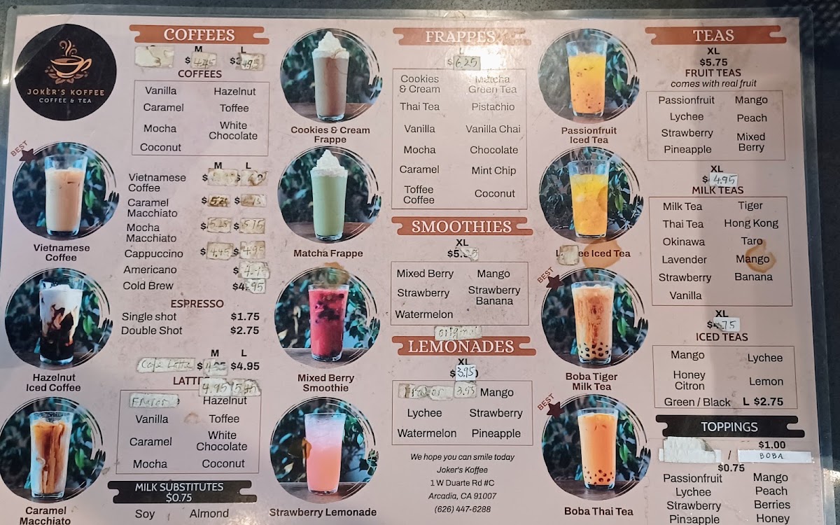 Joker's Koffee menu board