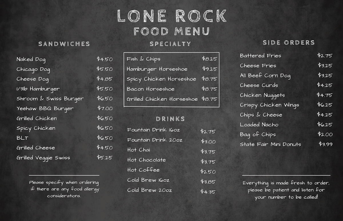 Lone Rock Cafe menu board