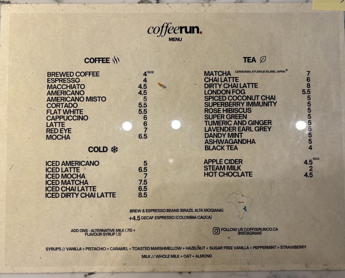 Coffee Run Co. menu board