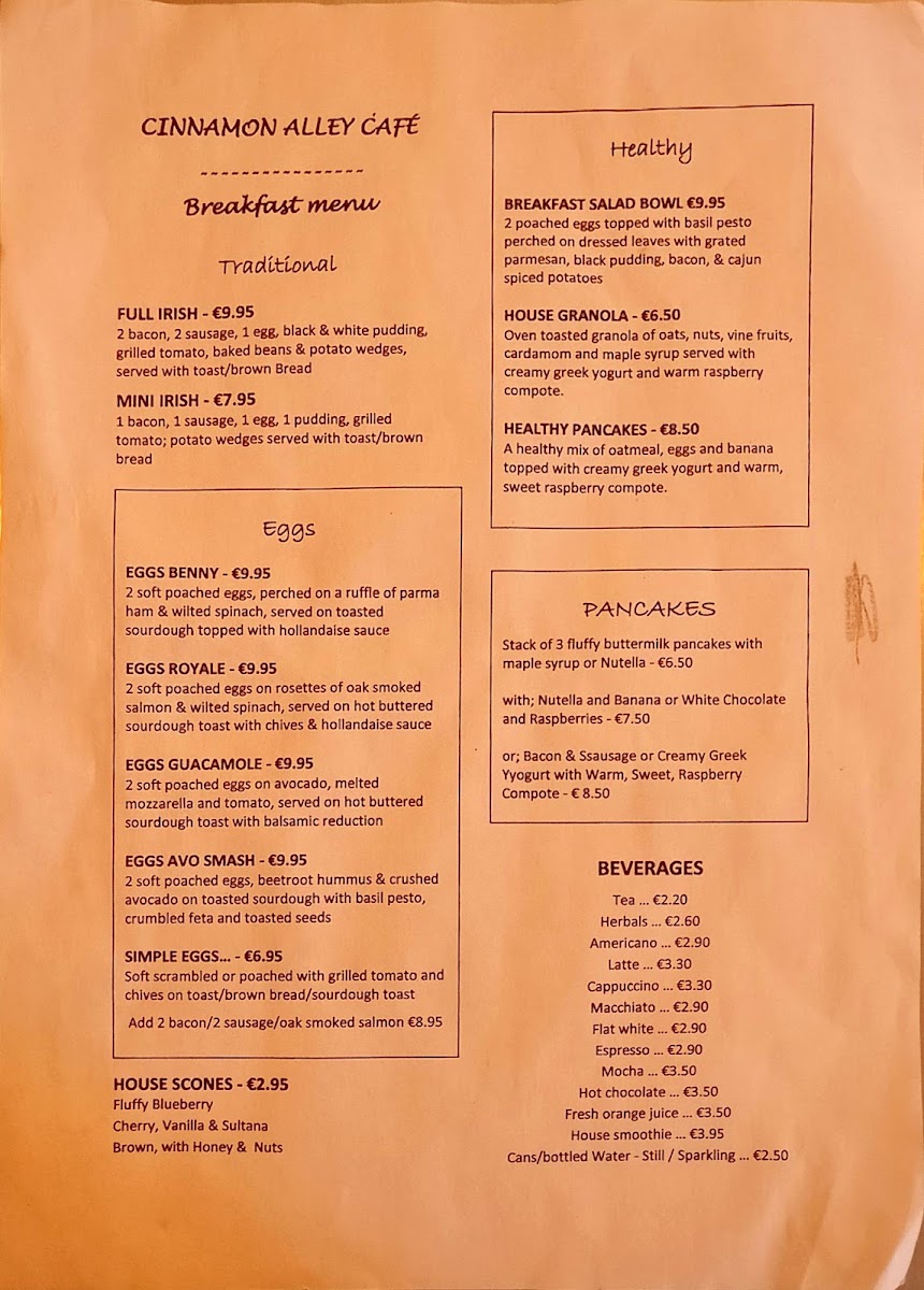 Cinnamon Alley menu board