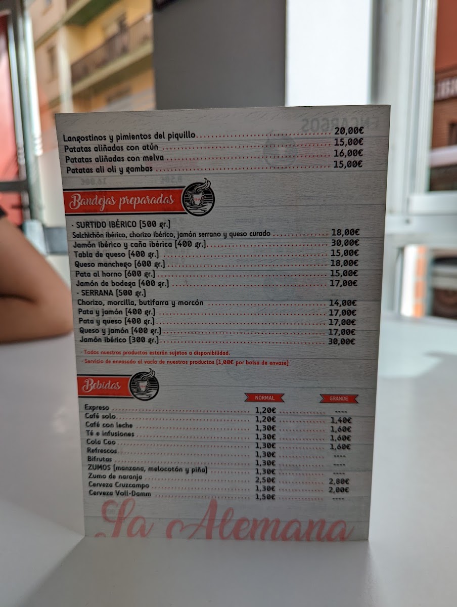 La Alemana. Cafeteria Charcuteria menu board
