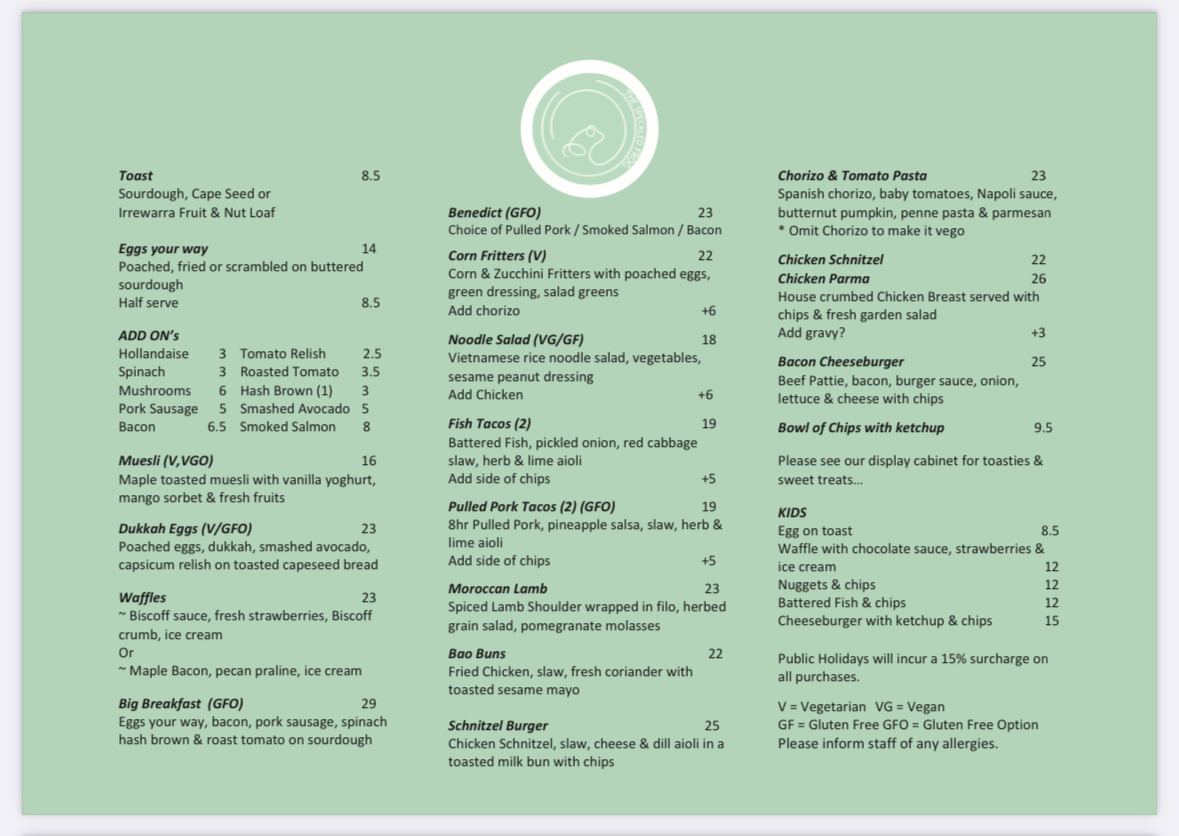 The Speckled Frog menu board