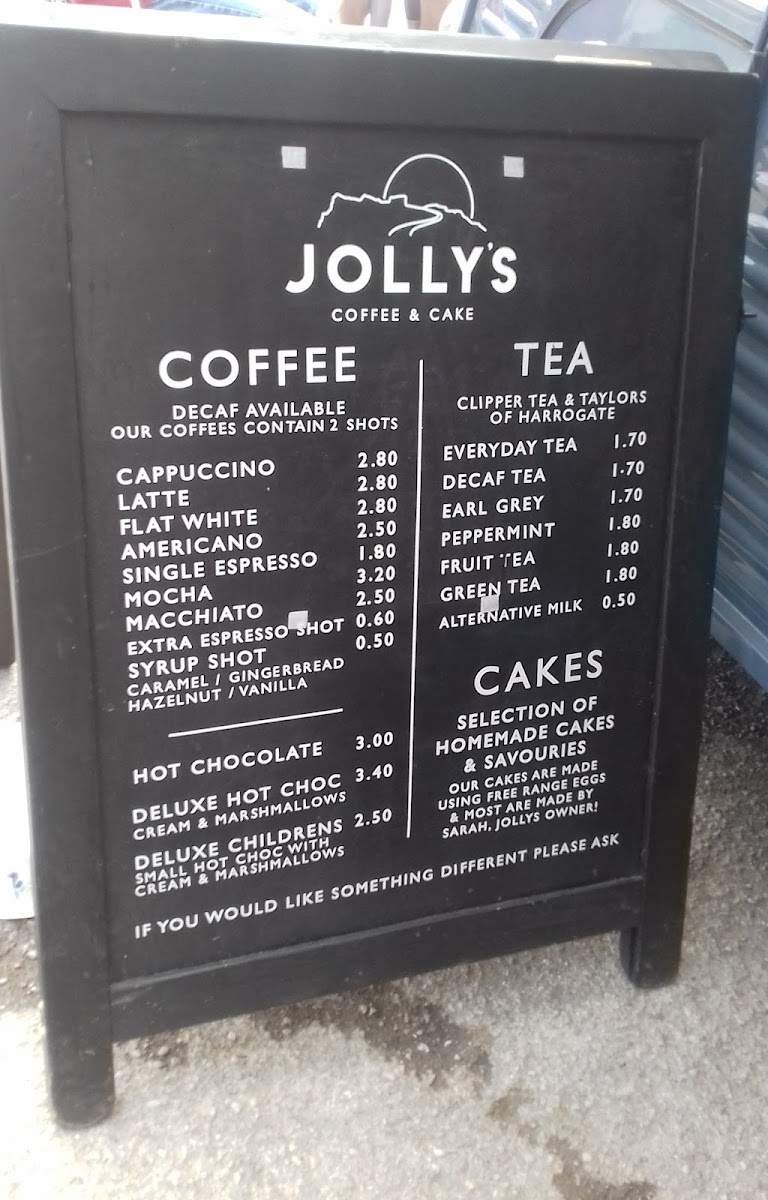 Jolly's Coffee and Cake menu board