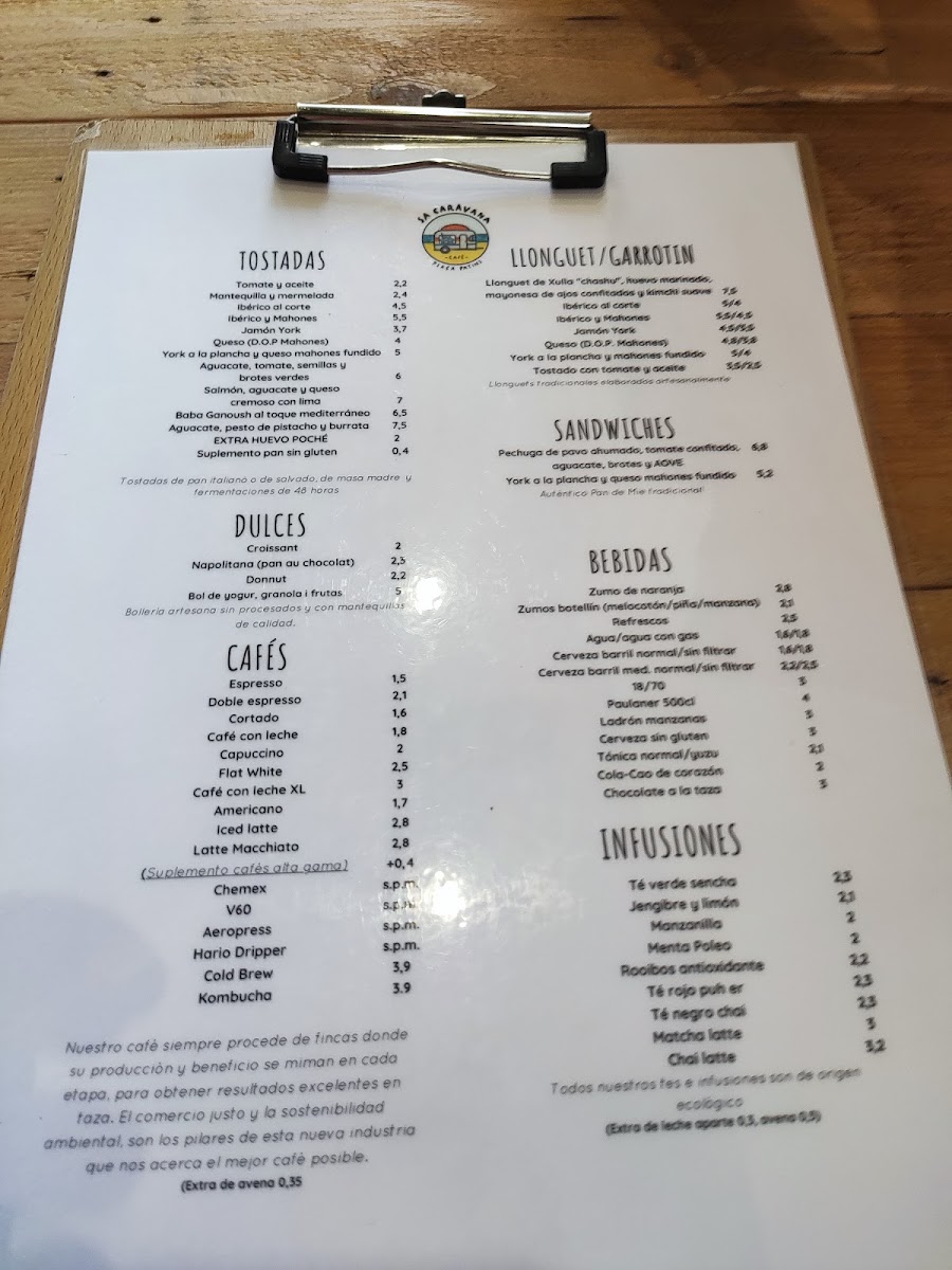 Sa Caravana Cafe menu board