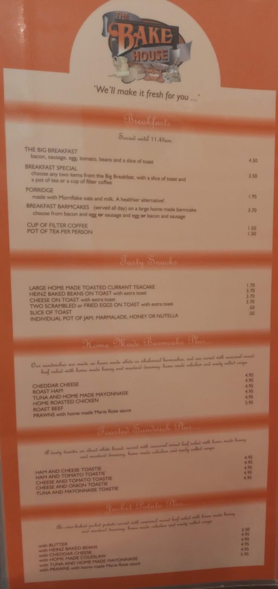 The Bake House menu board