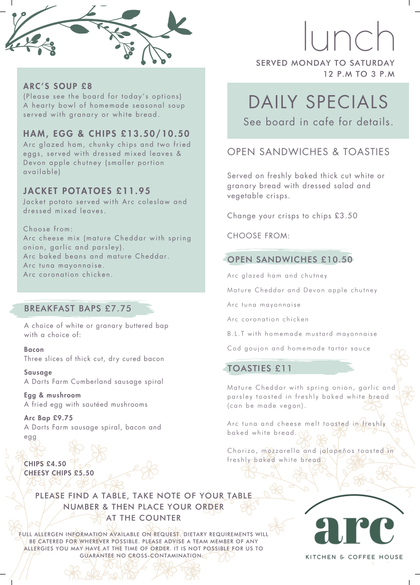 Arc Kitchen & Coffee House menu board