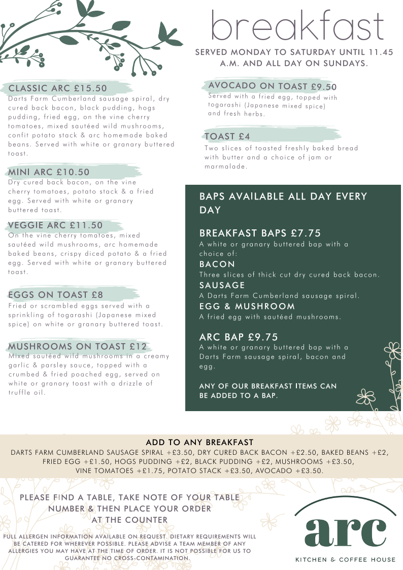 Arc Kitchen & Coffee House menu board