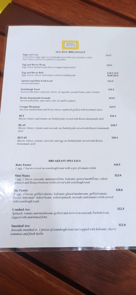 Rosie's Kitchen Pantry menu board