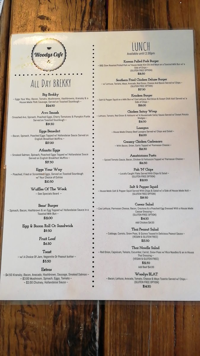 Woodys Cafe menu board