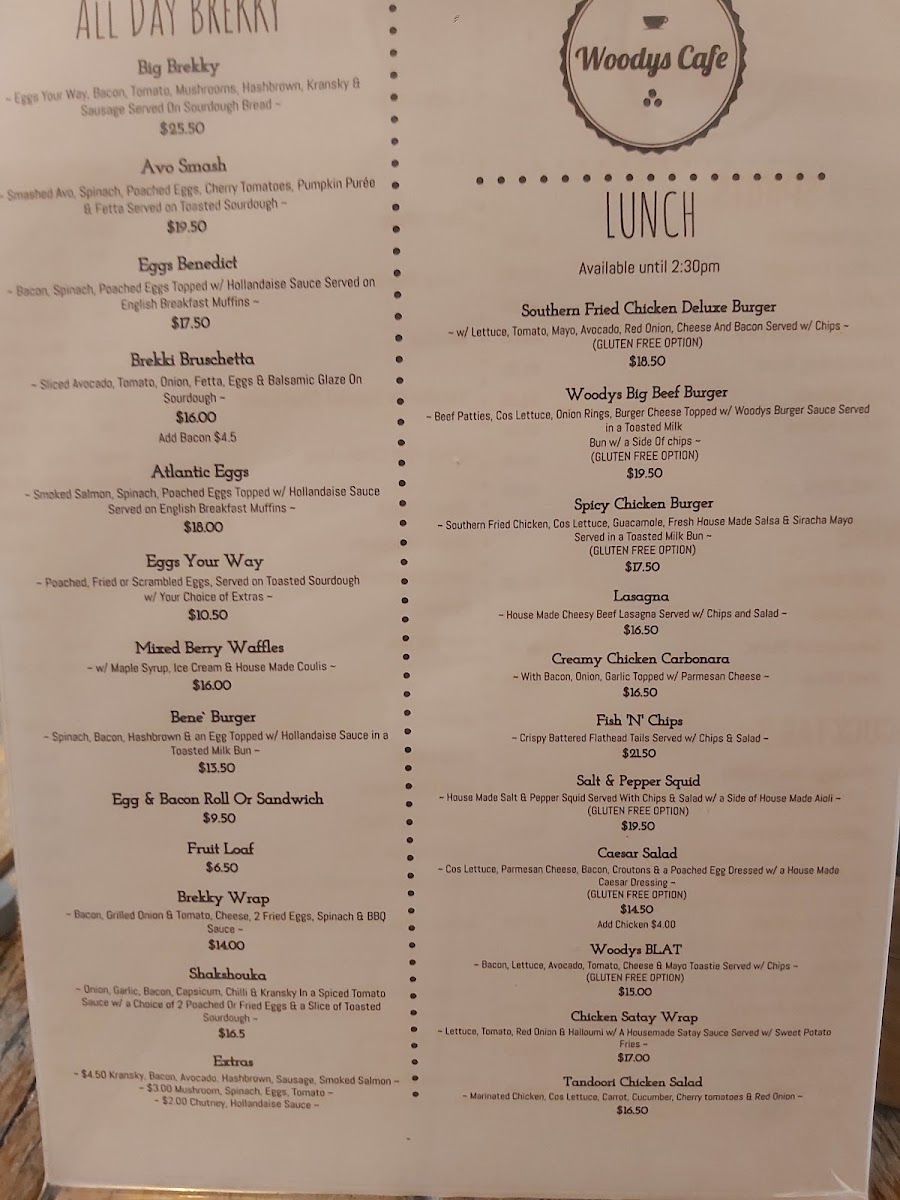 Woodys Cafe menu board