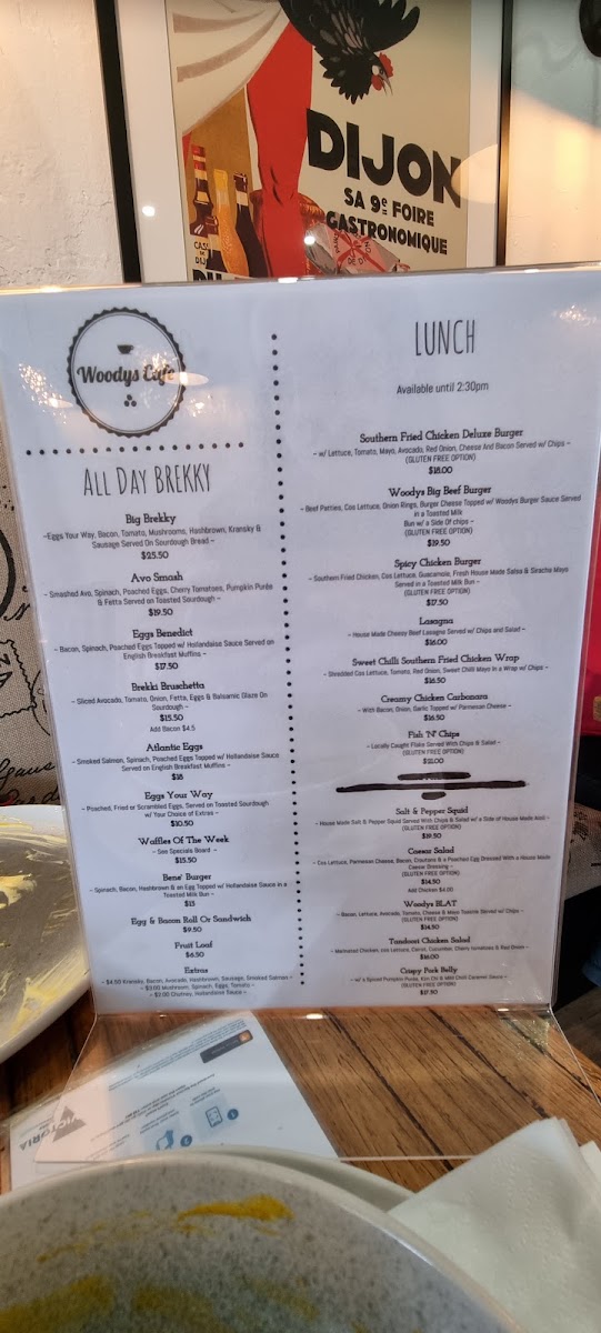 Woodys Cafe menu board