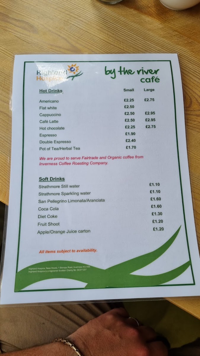 Highland Hospice - By The River Café menu board