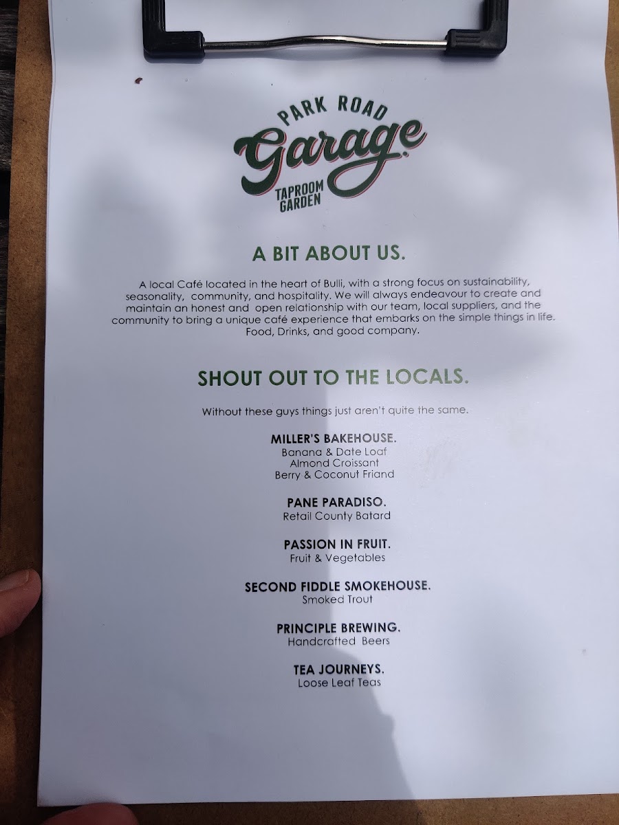Park Road Garage menu board