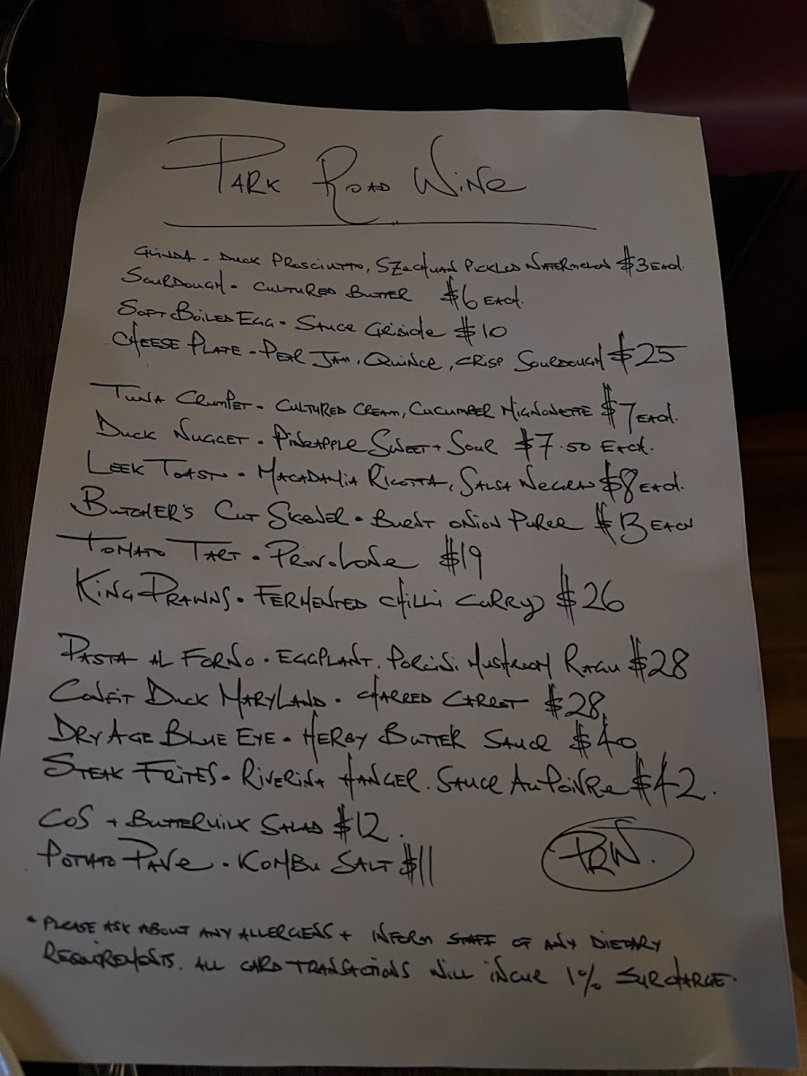Park Road Garage menu board