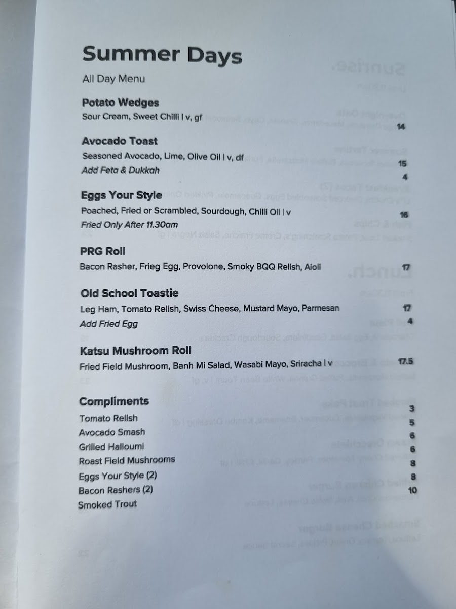 Park Road Garage menu board