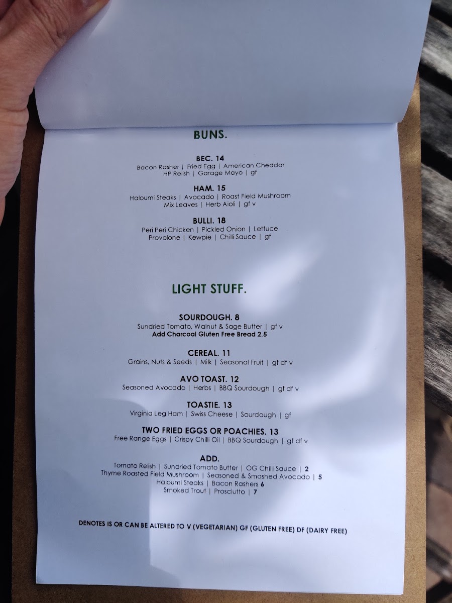 Park Road Garage menu board
