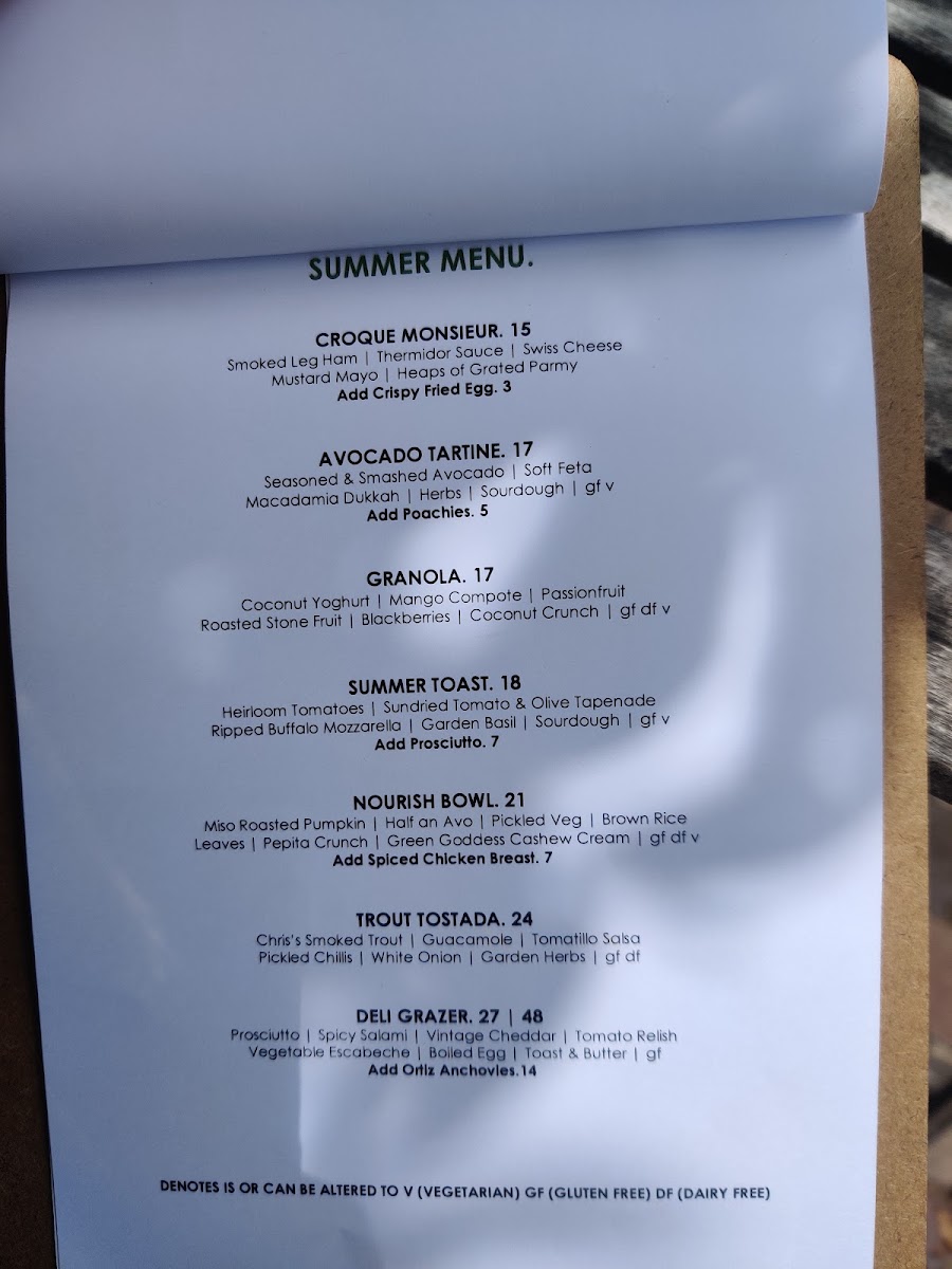 Park Road Garage menu board