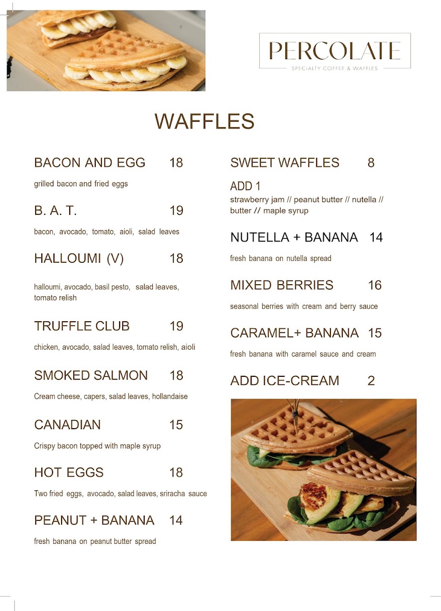 Percolate Specialty Coffee & Waffles menu board