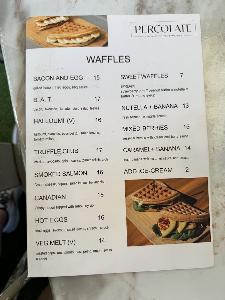 Percolate Specialty Coffee & Waffles menu board