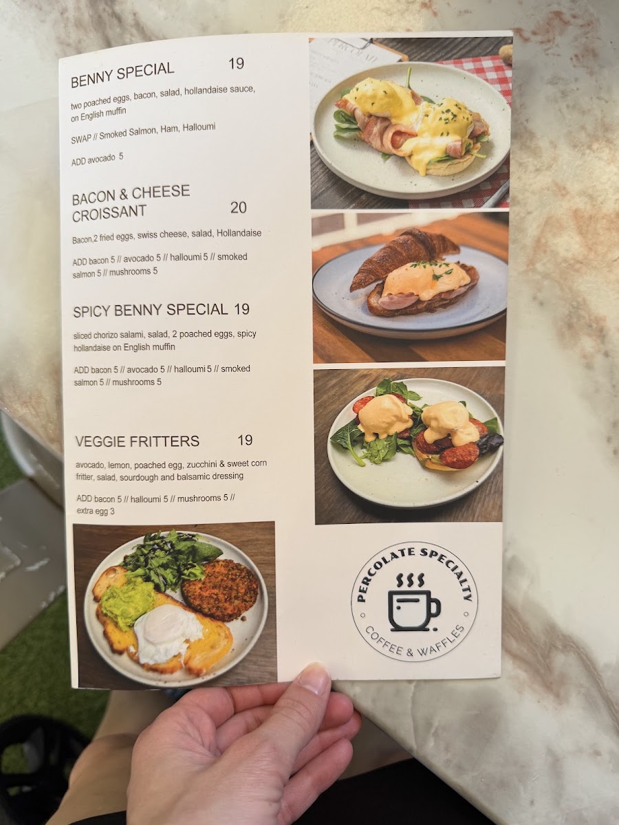 Percolate Specialty Coffee & Waffles menu board