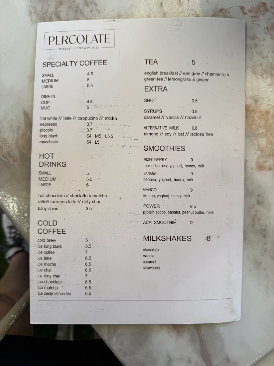 Percolate Specialty Coffee & Waffles menu board