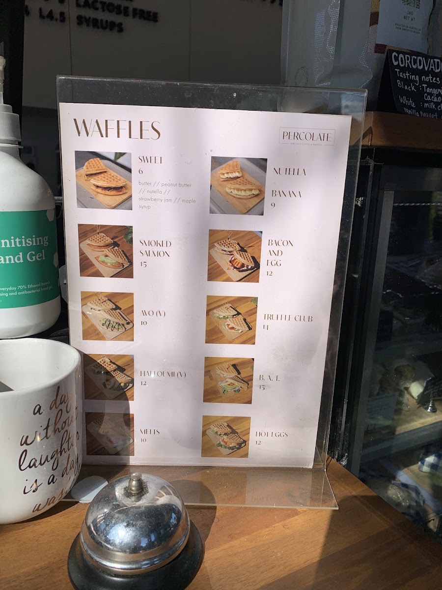 Percolate Specialty Coffee & Waffles menu board