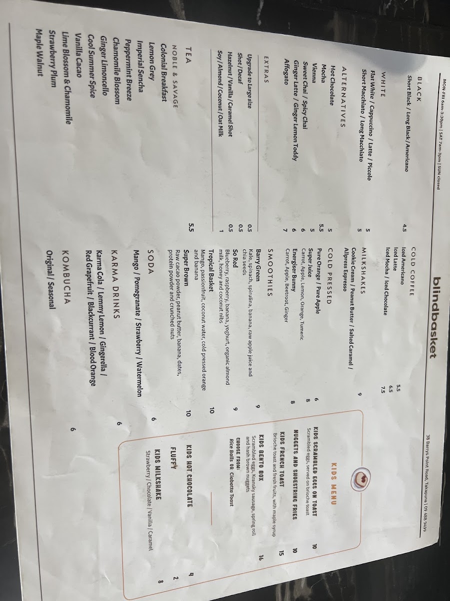 Blind Basket Cafe menu board
