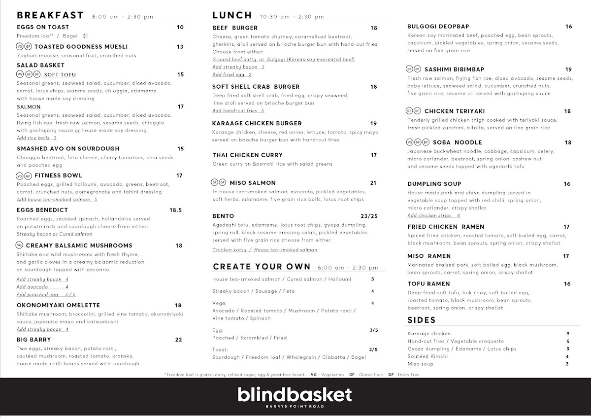 Blind Basket Cafe menu board